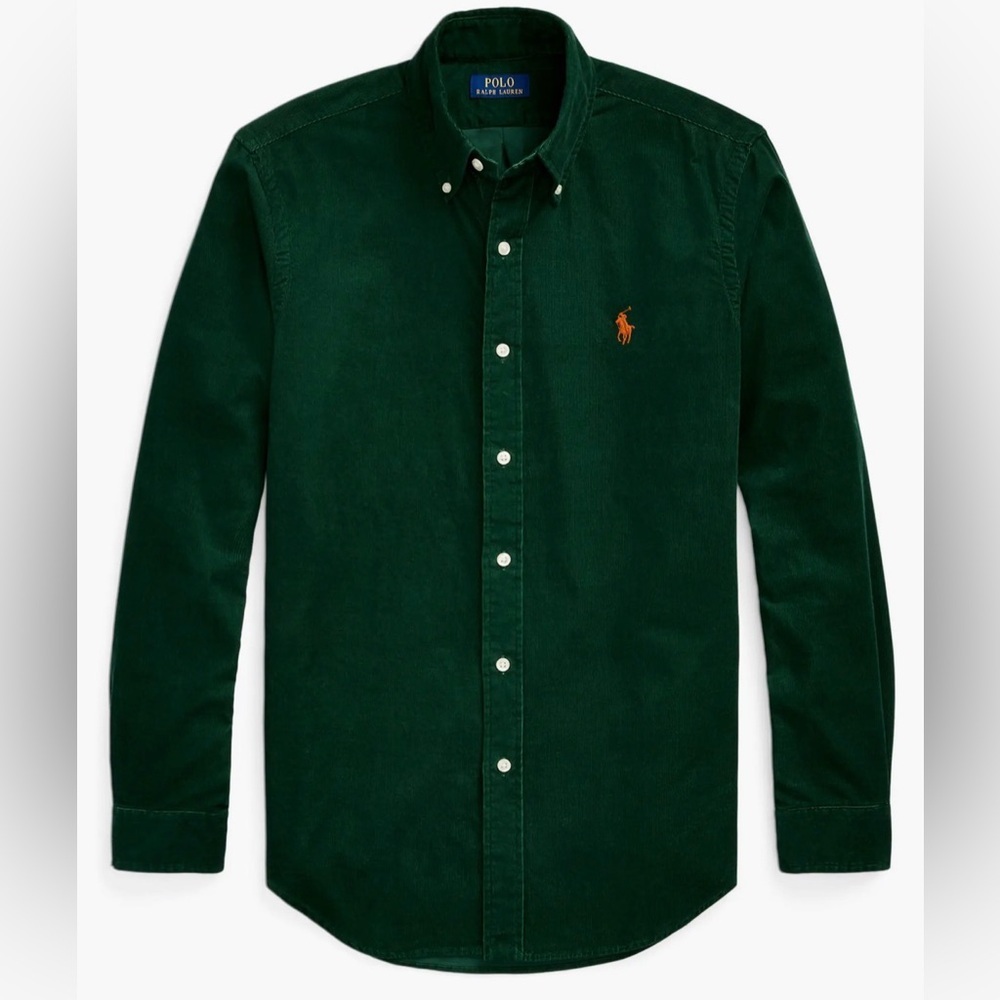 Ralph Lauren Dark Green Corduroy Button-Down Shirt Orange Pony size L NWT